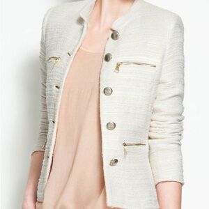 Zara Tweed Boucle Jacket, Size S, Cream, Chanel Vibe, Glitter, 4 Zipper Pockets